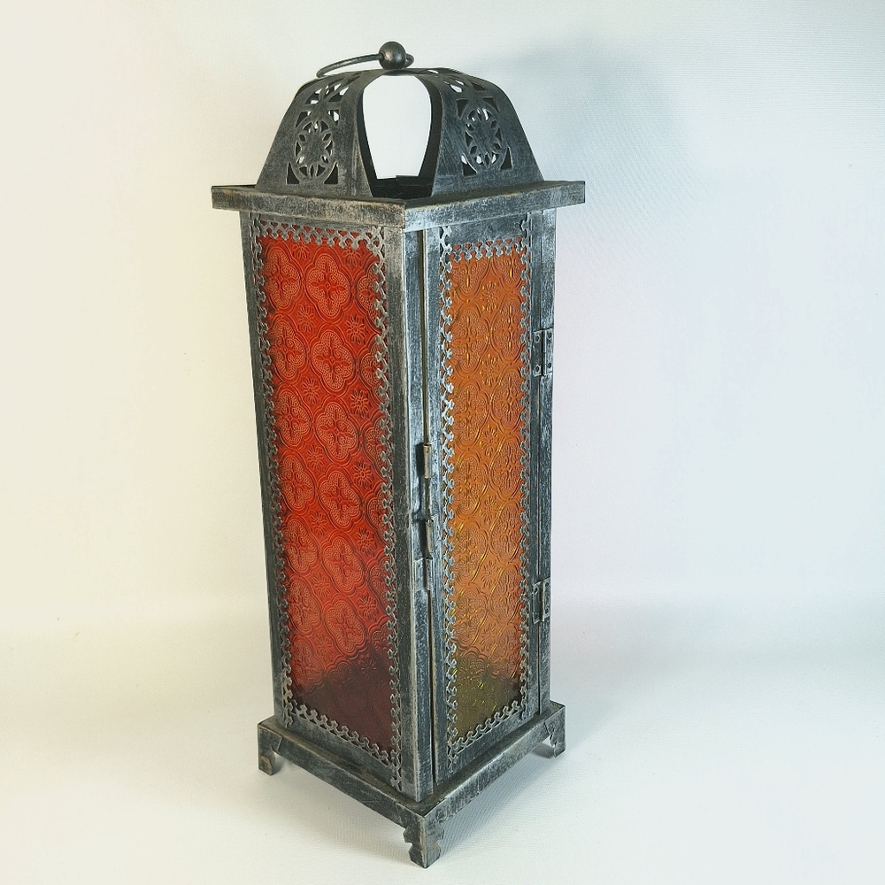 Glass Wall Hanging Lantern Lite Red Yellow Candle Holder 15"